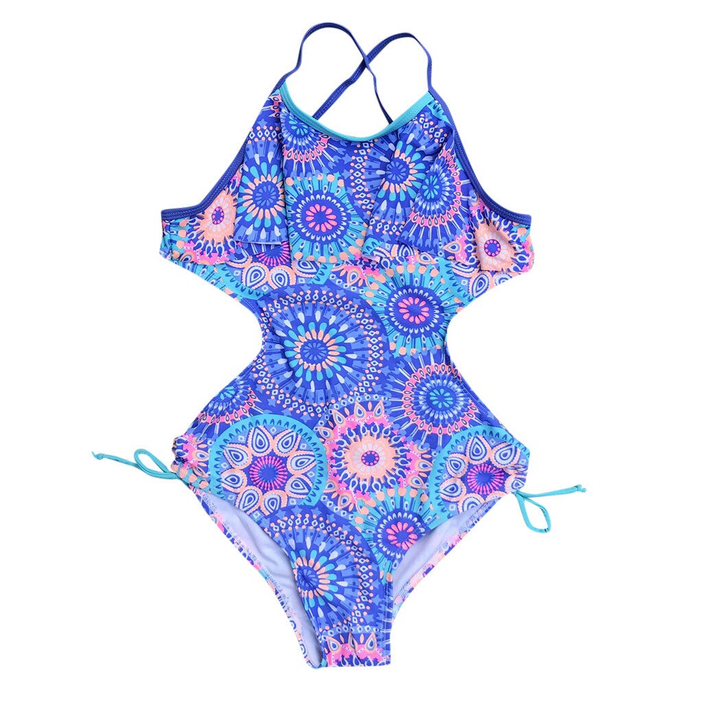 Kids Child Swimsuits Teen Children Girls Print Bikinis Africa Style One-Piece Swimsuit Beach Summer Casual Swimwear: Blue / 12