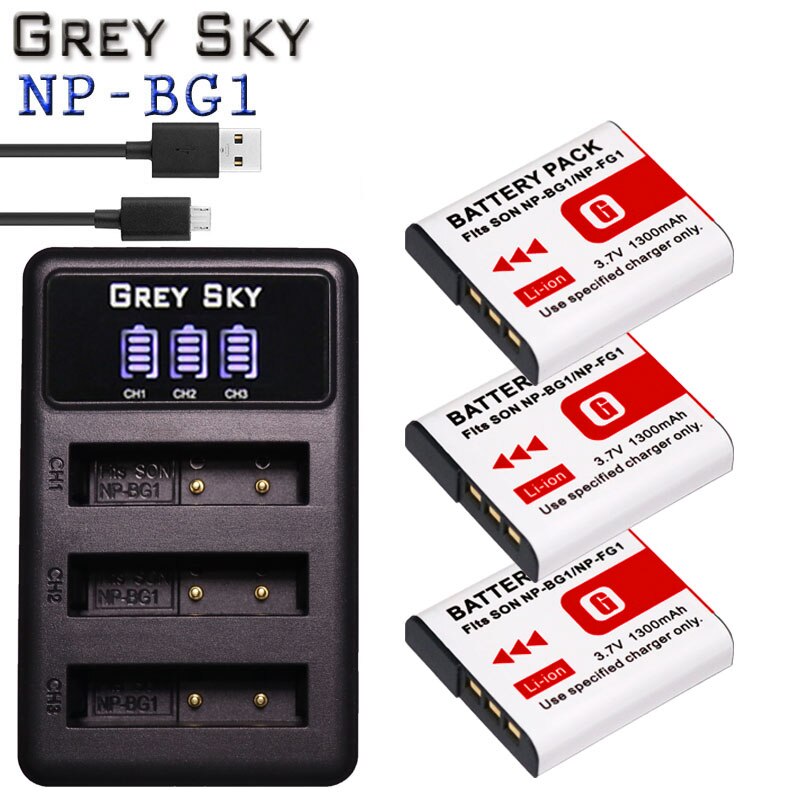 BG1 Batteries For Sony Np Bg1 Battery 1300mAh NP-BG1 For SONY Cyber-Shot DSC-H3 DSC-H7 DSC-H9 DSC-H10 DSC-H20 DSC-H50 DSC-H55: charger and 3battery