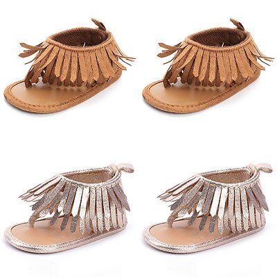 Sommer nyfødt baby pige skridsikker blød sål læder krybbe sko kvast moccasin sandaler
