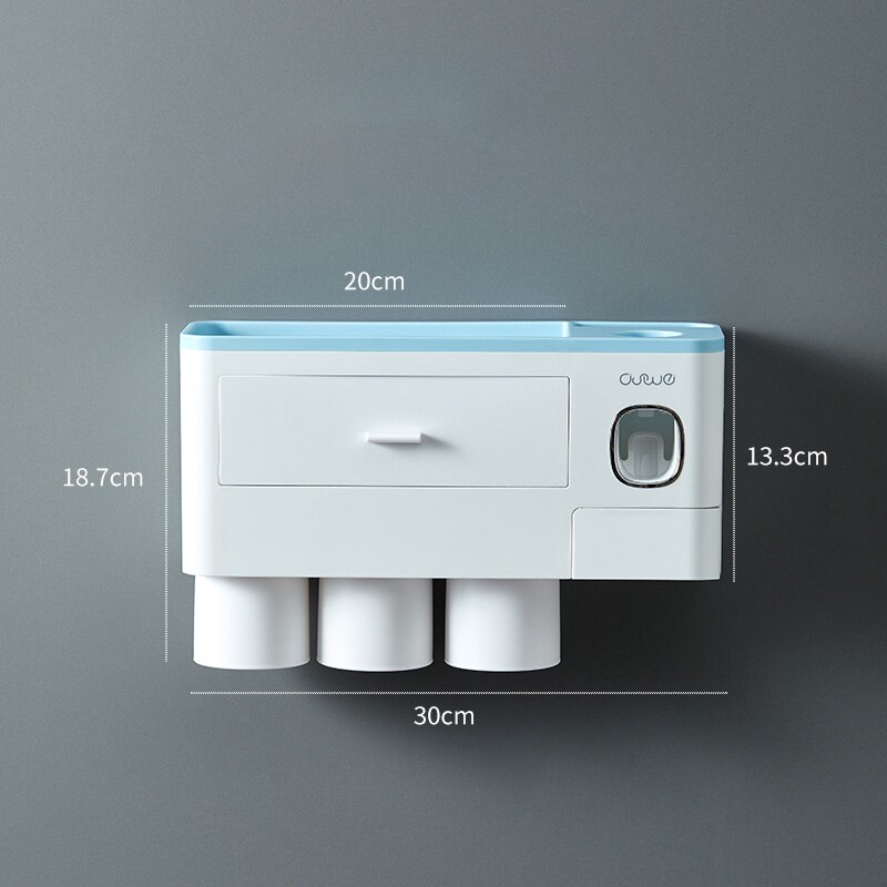 Magnetic Toothbrush Holder Adsorption Inverted Toothpaste Dispenser Wall Mount Makeup Storage Rack for Bathroom Accessories Set: Blue 3 Cups