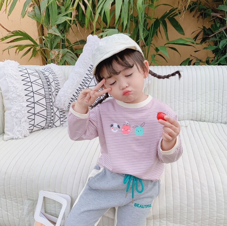 Jungen Karikatur gestreift T Hemden Baby mädchen baumwolle lässig 2 farben alle-spiel lang Ärmel Abschläge kleidung: A / 5T