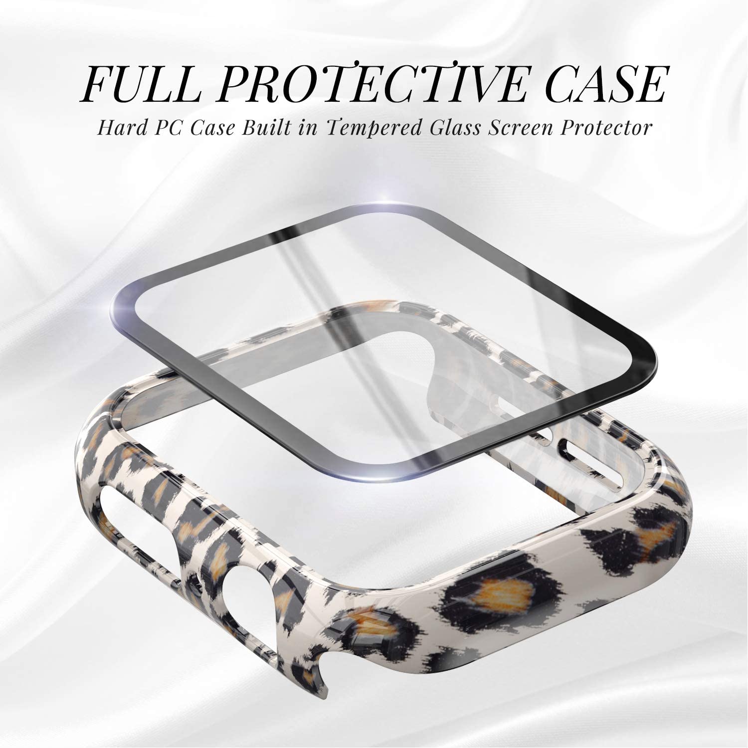 Funda + cristal para Apple Watch 44mm 40mm 38mm 42mm, cubierta protectora de leopardo de para parachoques de PC duro para iWatch SE 6 5 4 3 2 1