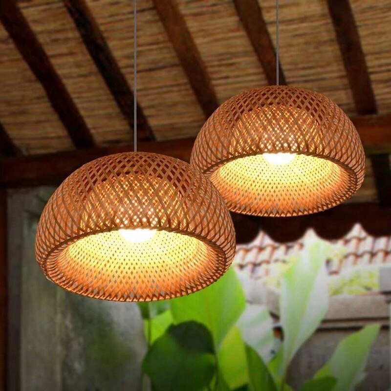 Bamboo Wicker Rattan Lampshade Hand-Woven Double Layer Bamboo Dome Lampshade Asian Rustic