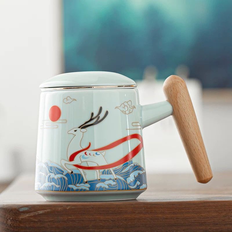 Kaffekrus keramisk te kop te adskillelse stor kapacitet filter med dæksel guofeng krus hjem par personlig kontor kop boks: 380ml 7