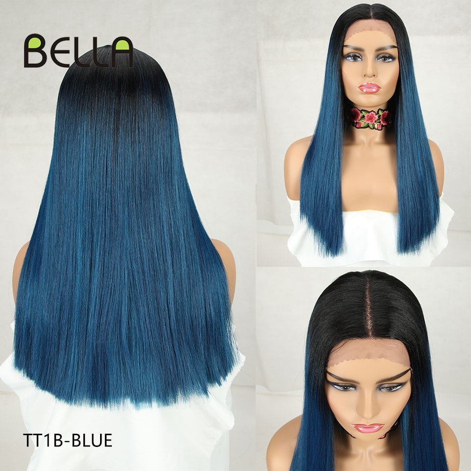 Bella Longue Droite Ombre Bleu & Vert Rose Blond Violet Violet Noir Bleu vert cheveux pièce 7 couleurs Résistant À La Chaleur Synthétique Dentelle Perruques Pour Les Femmes 20 pouce partie médiane droite colorée perruq