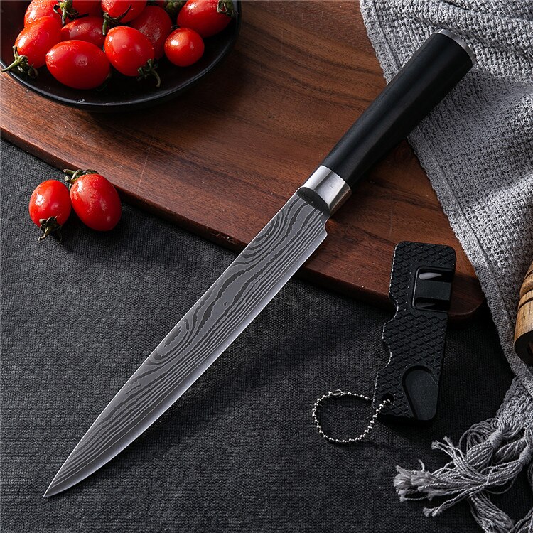 Køkkenknive damaskus årer rustfrit stål knive farve abs håndtag skæreværktøj santoku udskæring kokkekniv med sliber: Udskærer kniv