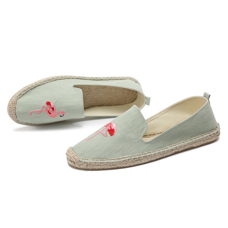 Alpargatas clásicas de verano, flamenco bordado, alpargatas planas para mujer, en color verde claro