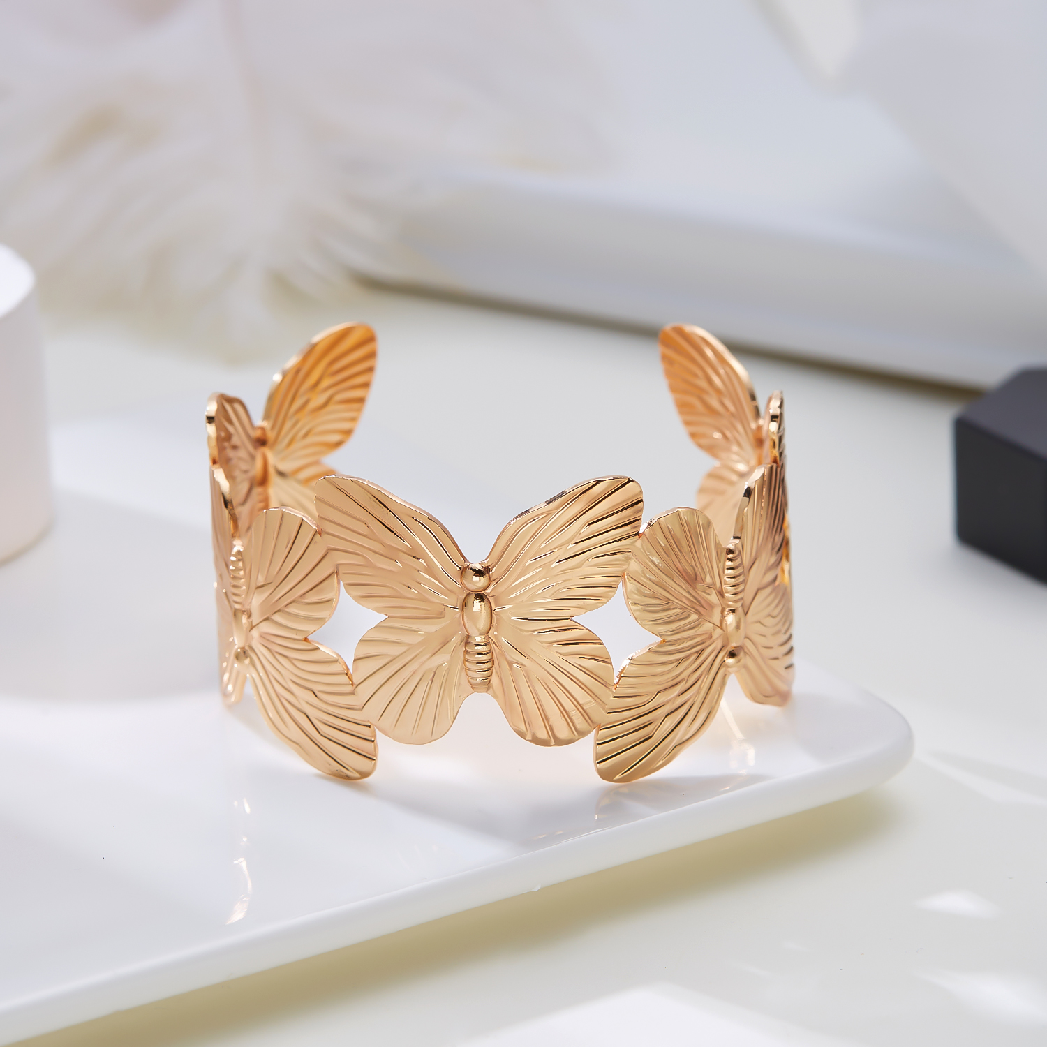 Stainless Steel Hollow Flower Butterfly Open Wide Bracelet Gold Plated Adjustable Cuff Bracelets For Women Jewelry: Light Yellow Gold Color