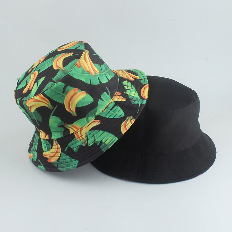 Summer Panama Hat For Women Fruit Mango Banana Pineapple Print Bucket Hat Men Reversible Fishing Fisherman Hats Hip Hop Caps: new banana black