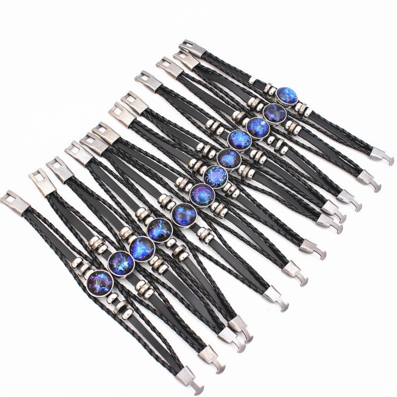 12 Constellation Zodiak Teken Blauw Glas Lederen Armband Ram Waterman Leeuw Maagd Geweven Glas Dome Sieraden Punk Mannen Armband