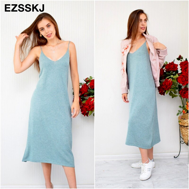 Chic a-line basic forår sommer kjole stropløs strikkjole kvinder løs camisole oversize lang kjole kvinde strik maxi kjole