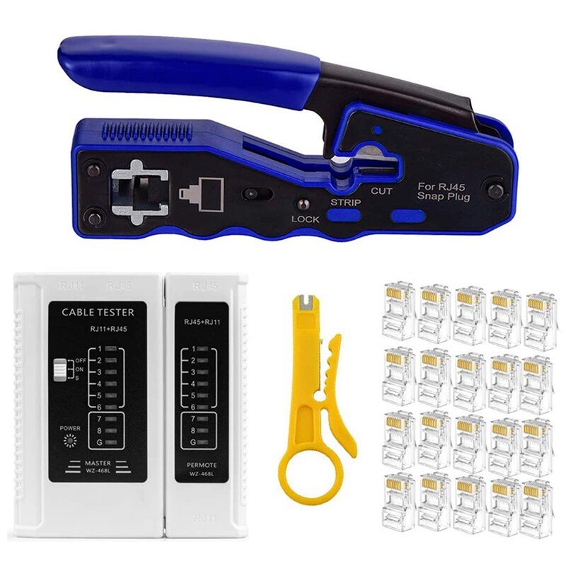 RJ45 Crimp Tool Kit with 50 Pieces Cat6A Pass Through Connectors: Default Title