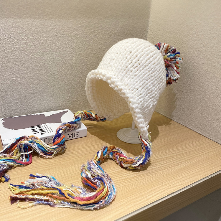 Mütze Männer Frauen bunte Quaste Twist flechten Hütte Herbst Winter warme Gehörschutz kappen Studenten vielseitige einstellen Kopf gestrickt: Weiß eiche