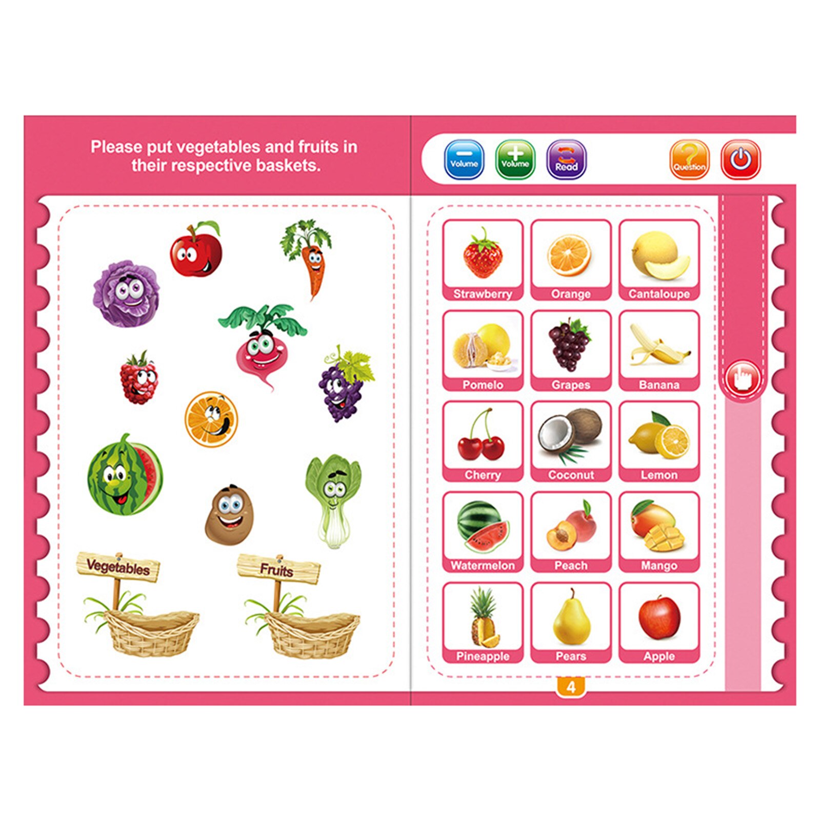 Macchina di apprendimento multifunzionale del libro di lettura di lingua araba per i bambini, giocattolo di apprendimento dei bambini cognitivi animali della frutta