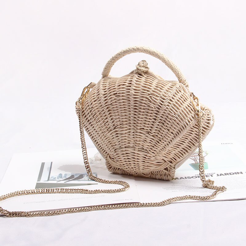 2022 Zomer Stro Handtas Voor Vrouwen Weave Rieten Shell Patroon Crossbody Bag Vrouwelijke Strand Bohemen Draagtas: Beige 1