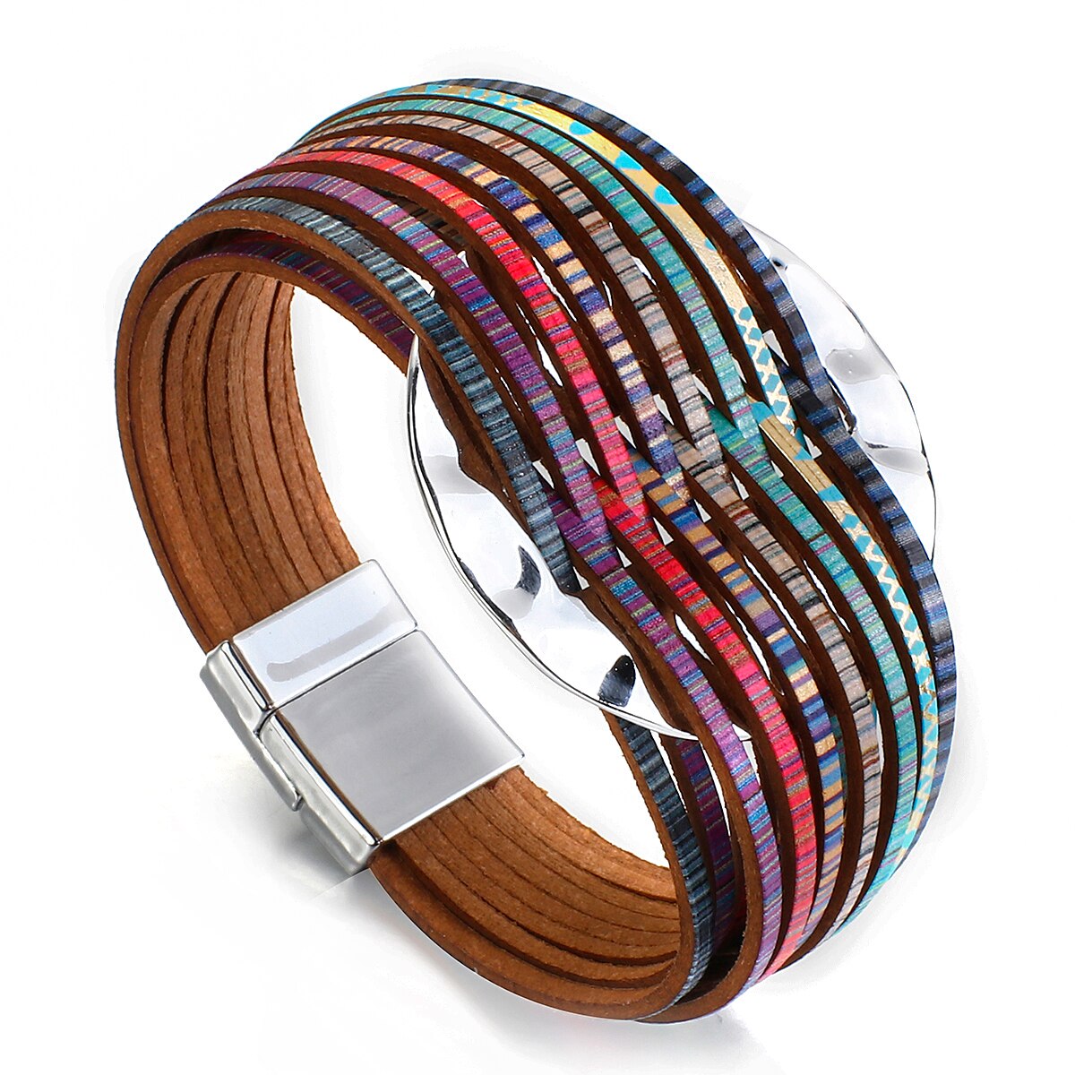 Amorcome Macaron Color Mulitlayer Slim Wrap Leather Bracelets for Women Round Charm Bracelet Female Jewelry: Colorful