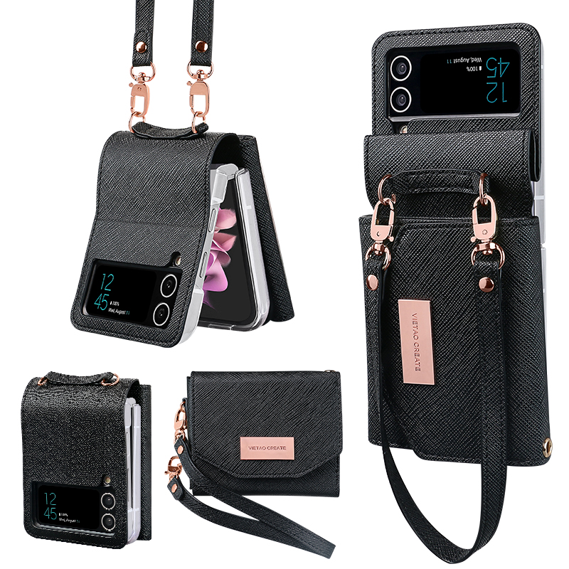 Vietao-Funda tipo billetera de cuero para Samsung Galaxy Z Flip 4, 3, Z4, Z3, funda para teléfono z flip 5 con correa de mano, funda z flip 6: PP / Castaño