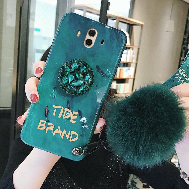 For Huawei Mate 20 Pro Mate 30 Lite Mate 30 20X 5g 10 9 Pro Y6 Y7 Y9 Rhinestone Holder Vintage Emerald Hairball Back Case: Mate 10