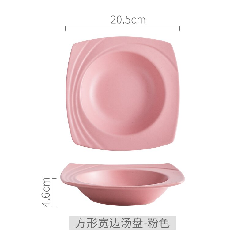 Plato de cerámica para sopa, Plato cuadrado nórdico de porcelana Occidental Profunda para comida, aperitivos, fruta, ensalada, vajilla,: PINK