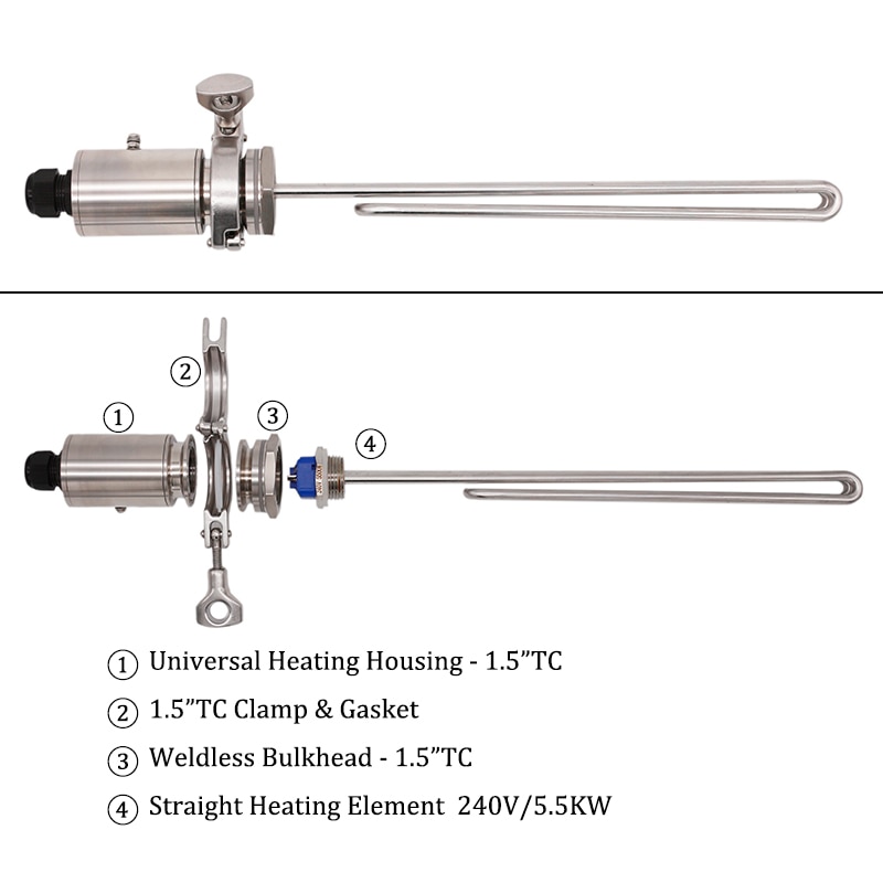 Weldless Heating Element Assembly 1.5"TC Bulkhead Straight Heating Element 240V 5.5KW 304 SS Homebrew BK & HLT Heating Source