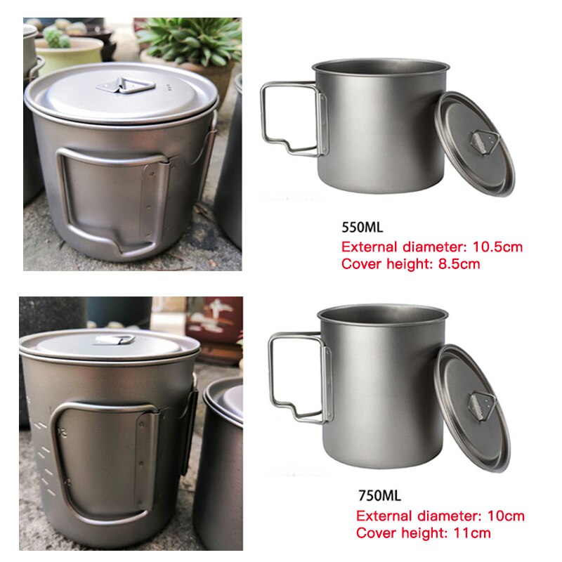Taza de titanio ultraligera, utensilios de cocina para el hogar, al aire libre, taza de agua portátil, vajilla, olla de cocina para Picnic, Camping, 750/550/350ml