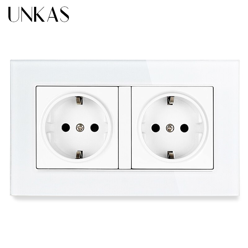 UNKAS Russia Spain EU Standard 16A Wall Socket Dual USB Charge Port Tempered Crystal Glass Panel Black White Grey Outlet: 146 EU White