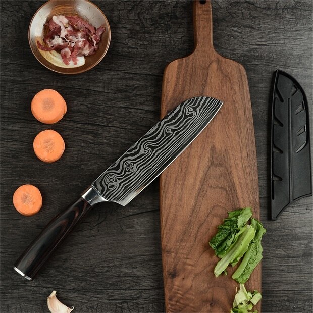 Super 8"inch Utility Chef Knives Imitation Damascus Steel Vein Santoku Kitchen Knives Carving Cleaver Slicing Knife: C.7 inch Santoku