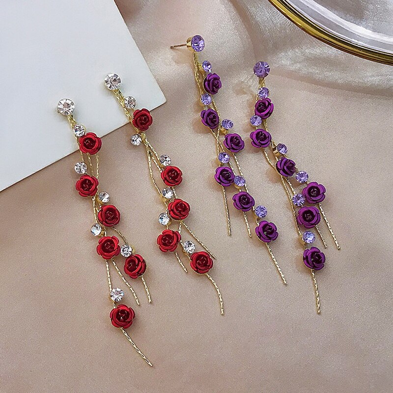 Rose Bloemblaadje Oorbellen Voor Vrouwen Lange Tassel Rose Bloem Oorbellen Bruiloften Party Sieraden