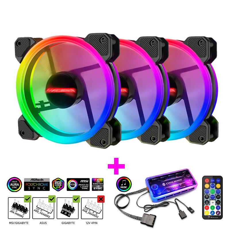 PC Desktop Computer Case Fan 120 mm Cooling Cooler Adjustable RGB Led 12V Mute Ventilador DC ARGB Fans Adjust Speed Aura Sync: 3IN1 music