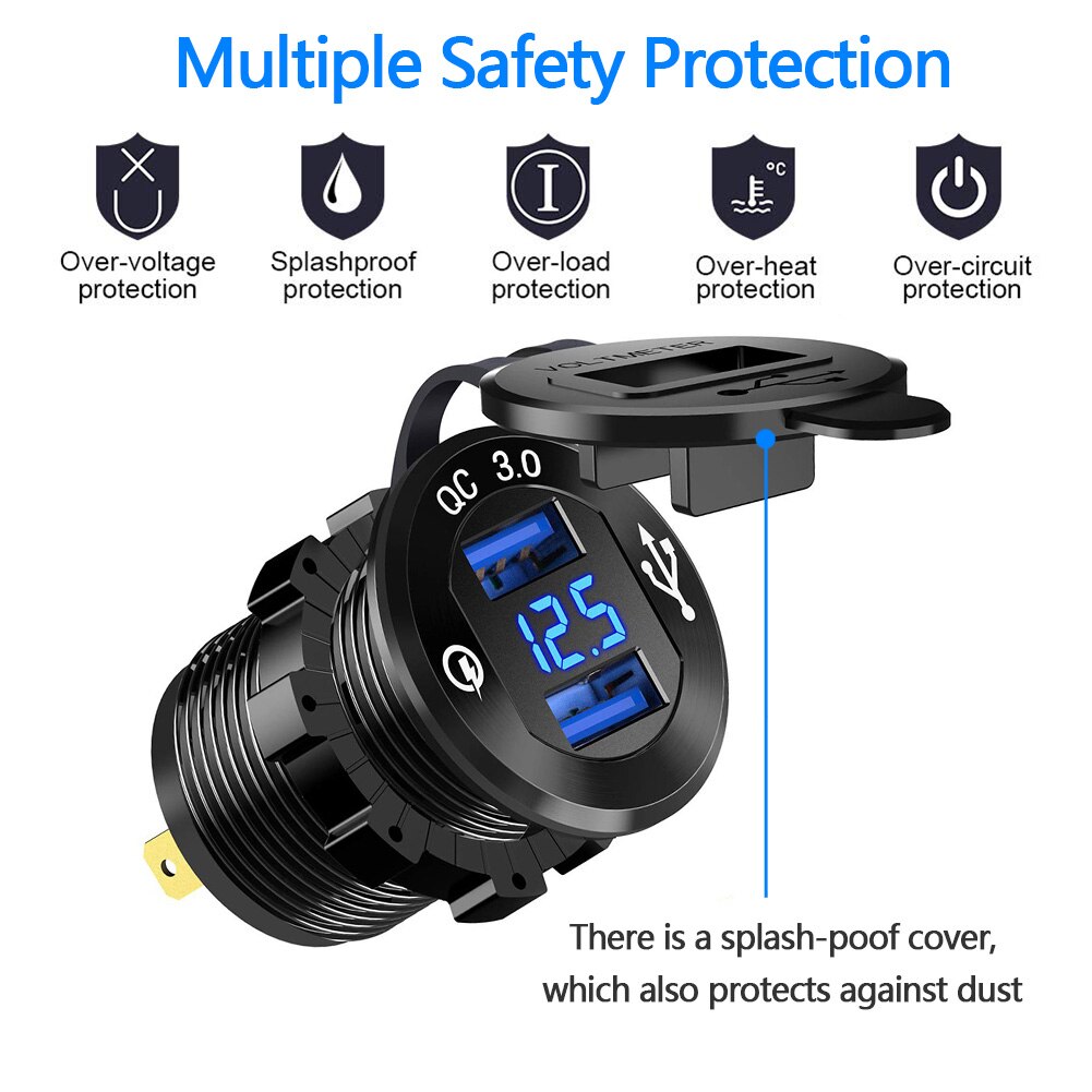 Quick Charge 3.0 Waterdichte Dual Poorten Usb Charger Socket Adapter Outlet Display Voltmeter Voor Auto Boot Motorfiets Voertuig