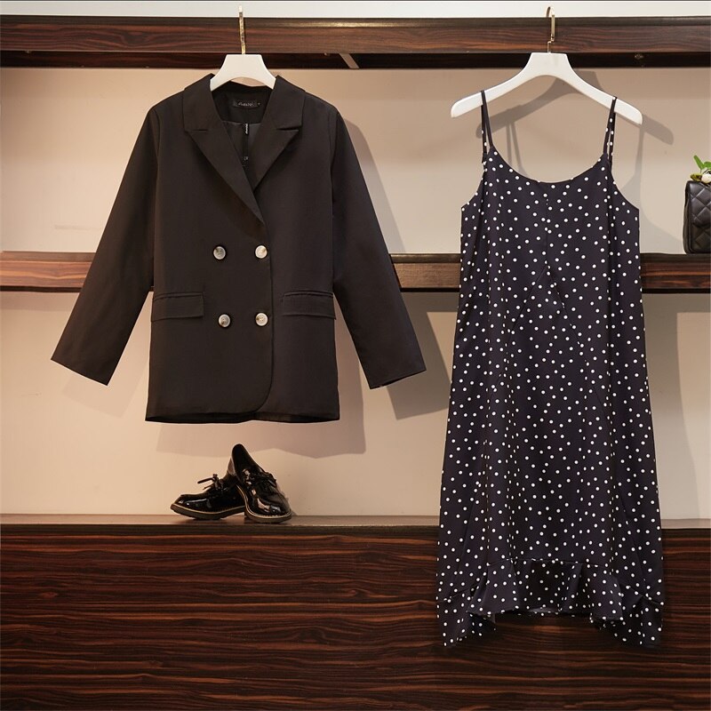 Autumn Plus Size Two Piece Sets Women Dress+Suits Casual Loose Long Sleeve Blazer And Dot Sling Dresses Suit Coat