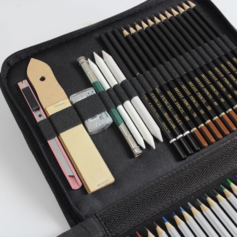 Pencils and Sketch Set Kit Complete Artist Kit Includes Zippered Carry Case Art Student Drawing NC99
