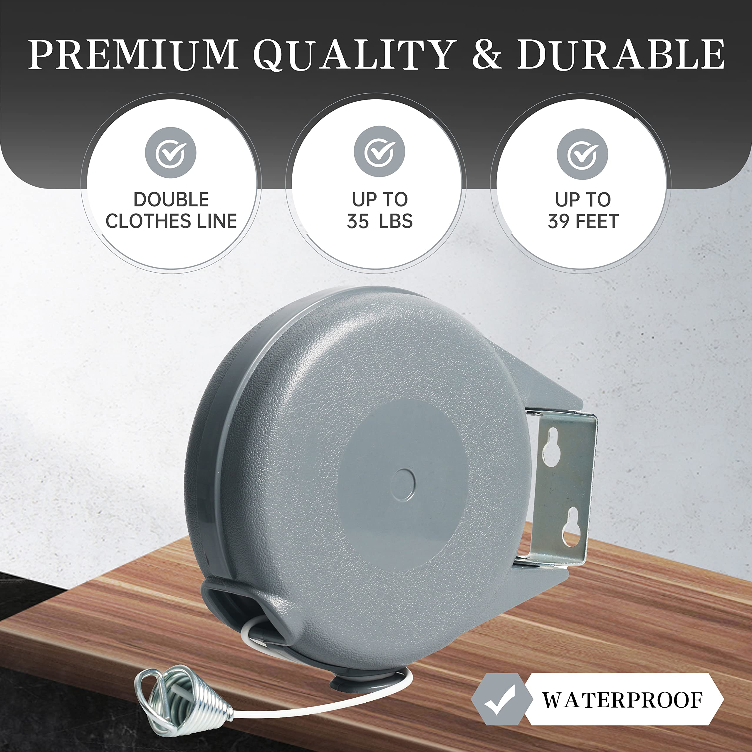 Retractable Clothesline - Portable Heavy Duty Indoor Outdoor Clothesline - 39ft PVC Retractable Single Wire Heavy Duty Wall Moun