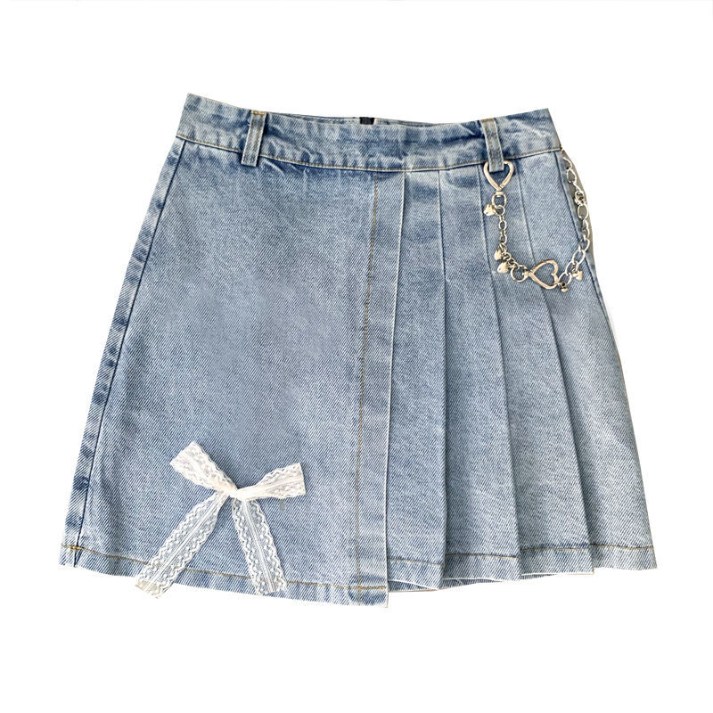 HOUZHOU-Falda vaquera Vintage para mujer, Falda plisada asimétrica de cintura alta con cadena de lazo Kawaii, ropa de calle informal de coreana para verano