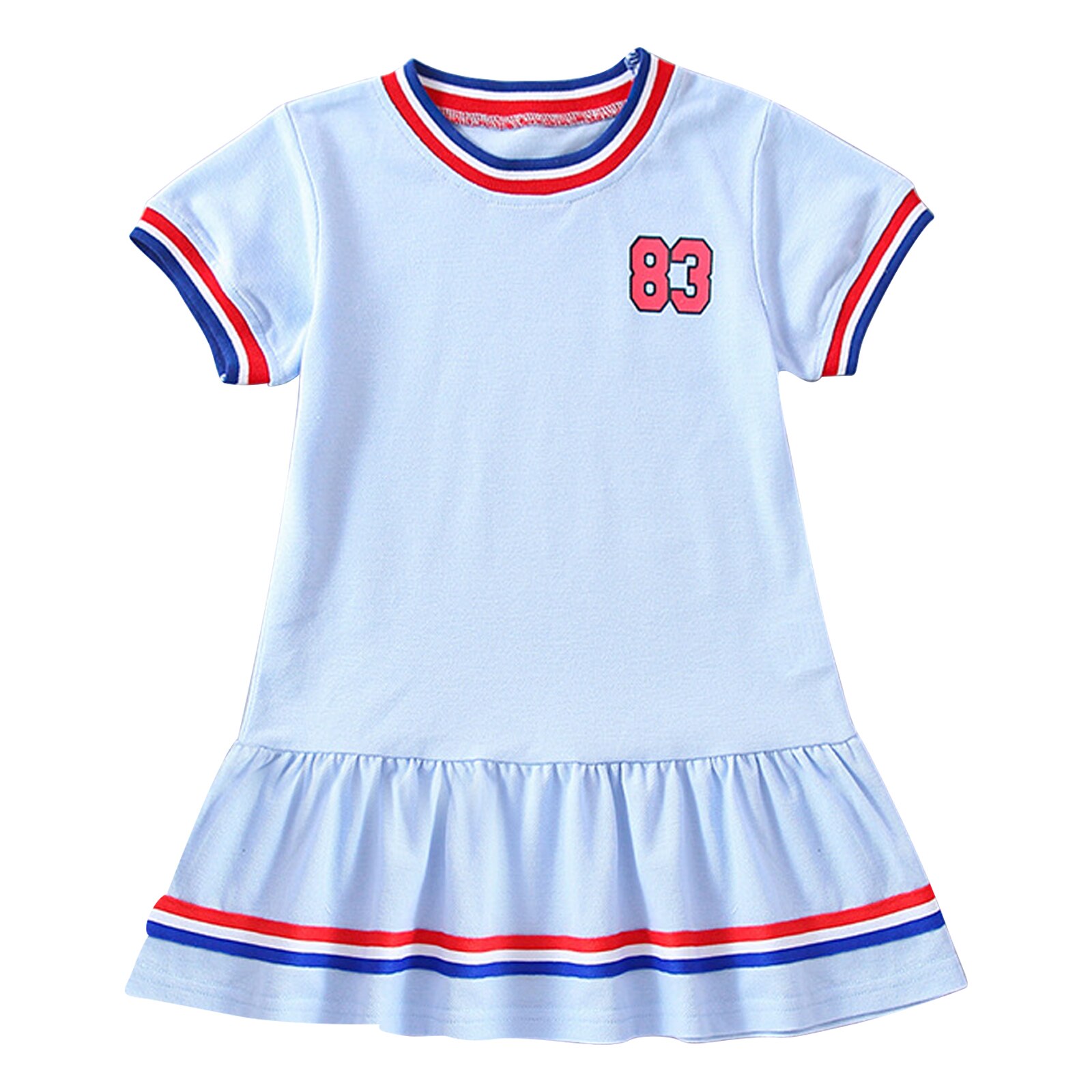 Vestido de tenis informal para niñas, prenda deportiva de manga corta con cuello redondo, dobladillo con volantes y longitud hasta la rodilla, a la , para verano: Sky Blue / 110