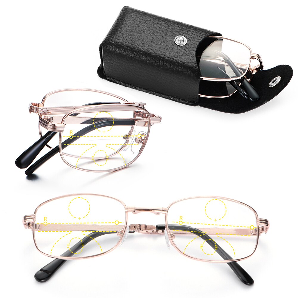 Unisex Vouwen Metalen Leesbril Progressieve Multifocale Lenzen Presbyopie Brillen Bril Case + 1.00 ~ + 4.00 Graden