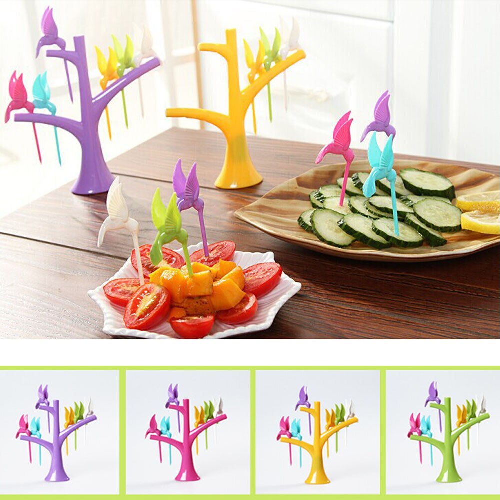 6PCS Multifunction Tree Shape Forks Holder Flying-Bird Forkes Fruit Fork Cartoon Snack Cake Dessert Food Fruit Toothpick Lunch