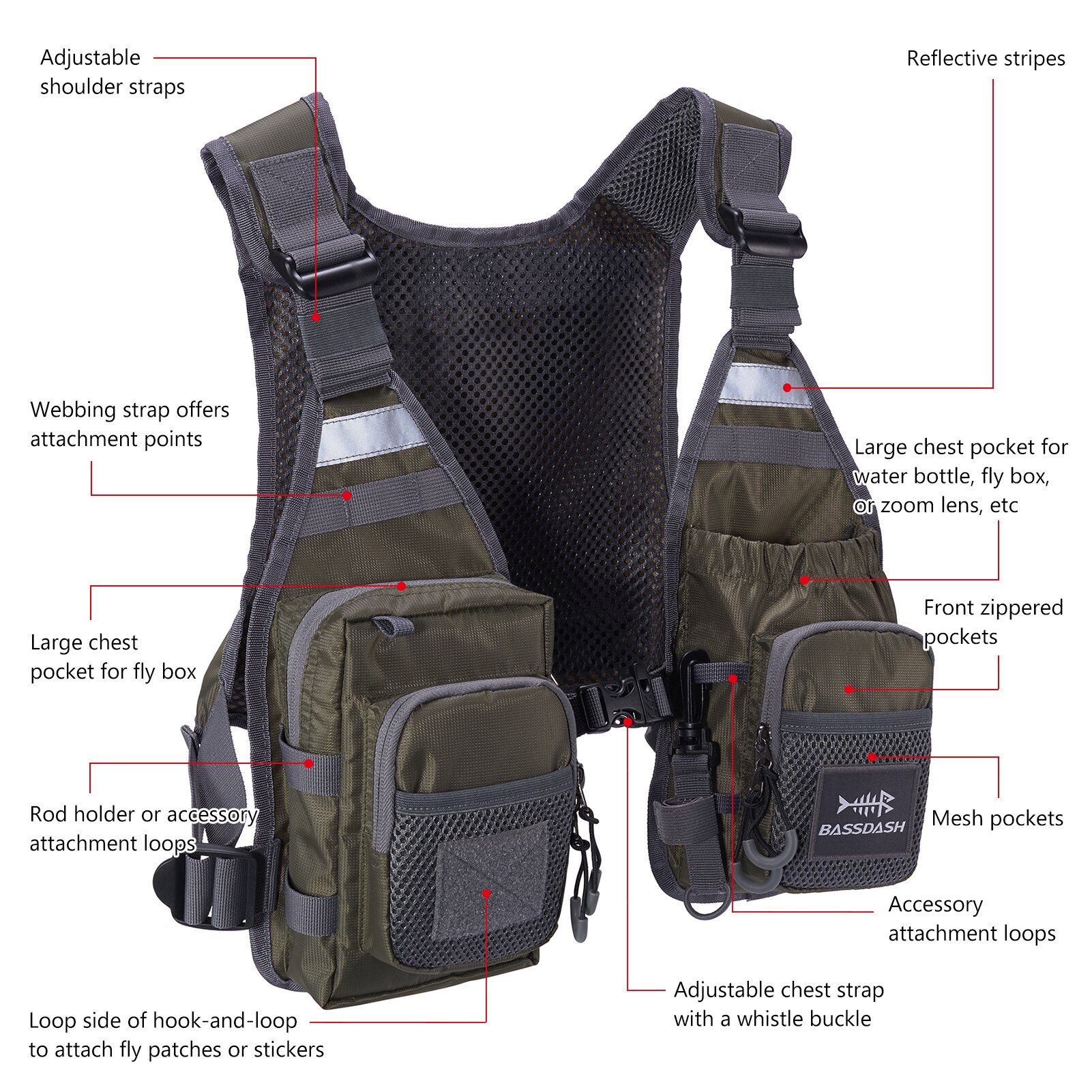 Bassdash FV08 Ultralichtgewicht vliegvisvest voor mannen en vrouwen Draagbare borsttas One Size Fits Most
