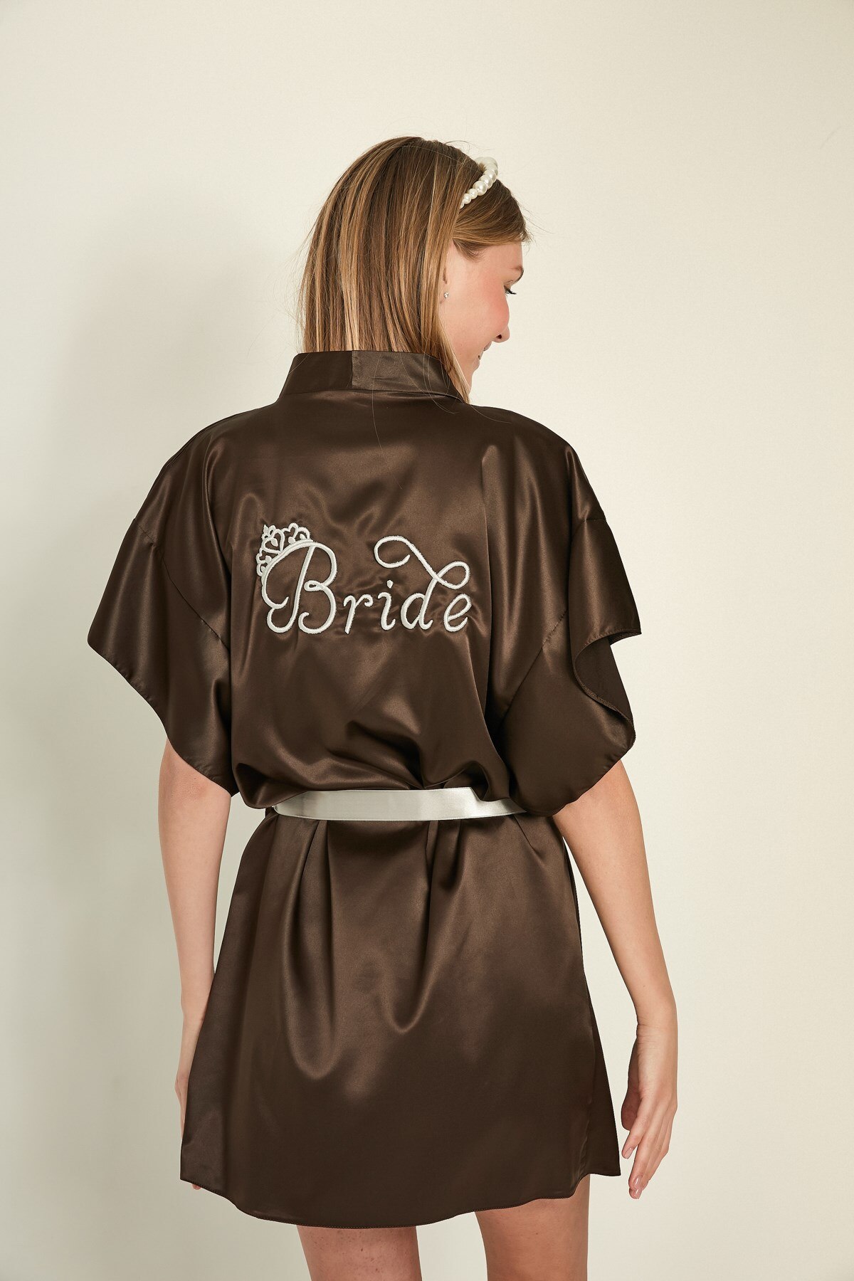 C & City 050 Women Bride Embroidered Satin Dressing Gown Brown