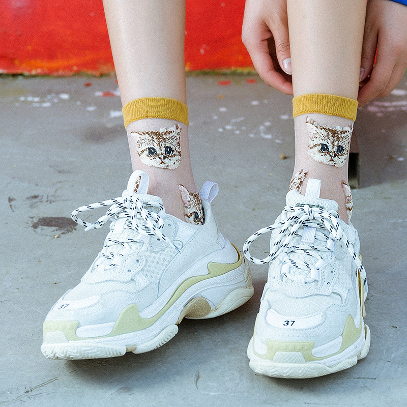 Femmes Transparent mignon chat chaussettes Kawaii dames japonaise coréenne à la été mince cristal soie chaussette en Fiber de verre bas