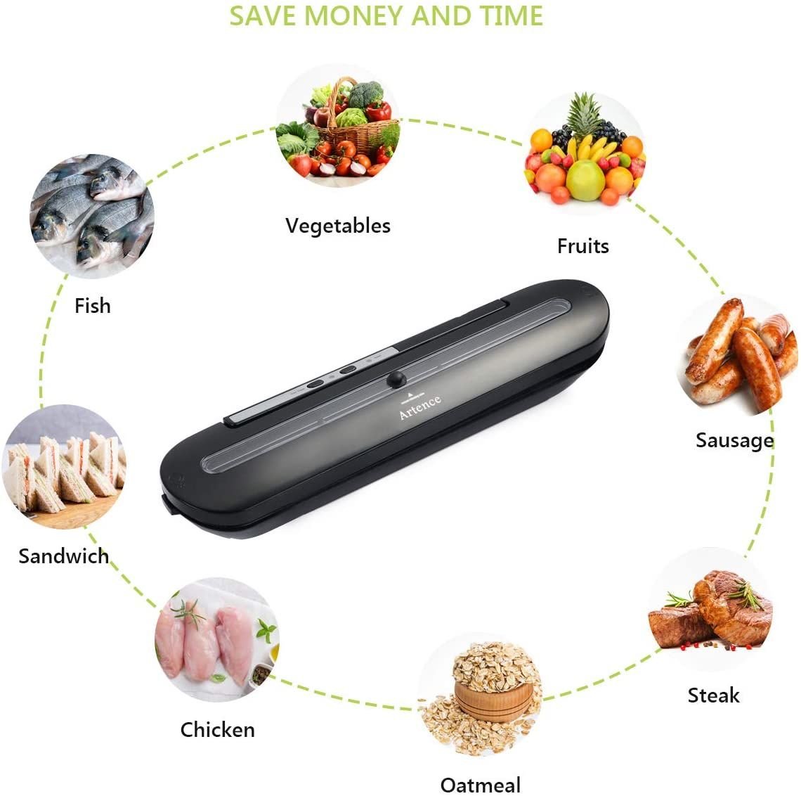 Máquina selladora al vacío Artence, selladora automática de alimentos para almacenamiento de alimentos con 10 Uds. Bolsas selladoras al vacío | compacto | Fácil de