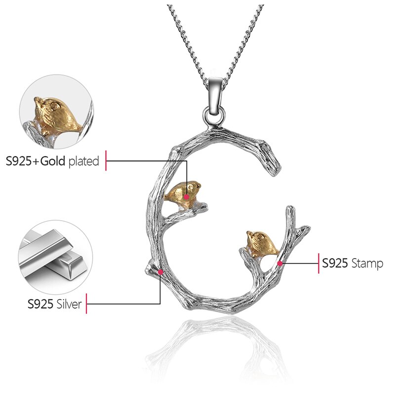 Lotus Plezier Echte 925 Sterling Zilver Natuurlijke Originele Fijne Sieraden 18K Gouden Vogel Op Tak Hanger Zonder Ketting Voor vrouwen