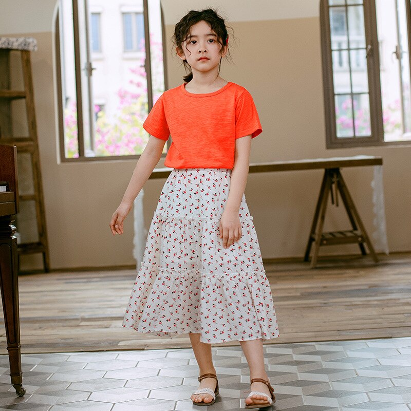 Summer Girls Floral Skirt Teen Girls Chiffon Skirt Kids Maxi Ruffle Skirts Cute Children Clothing Size 4 6 8 10 12