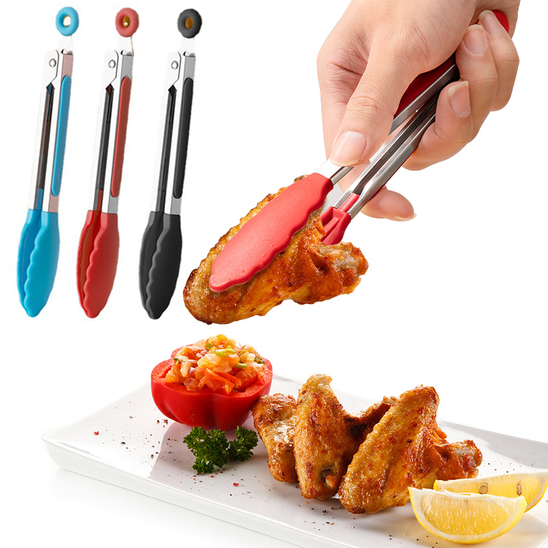 Pinzas de silicona para alimentos, pinzas de cocina de acero inoxidable, pinza antideslizante para cocinar, barbacoa, ensalada, herramientas de cocina para parrilla, 1 unidad