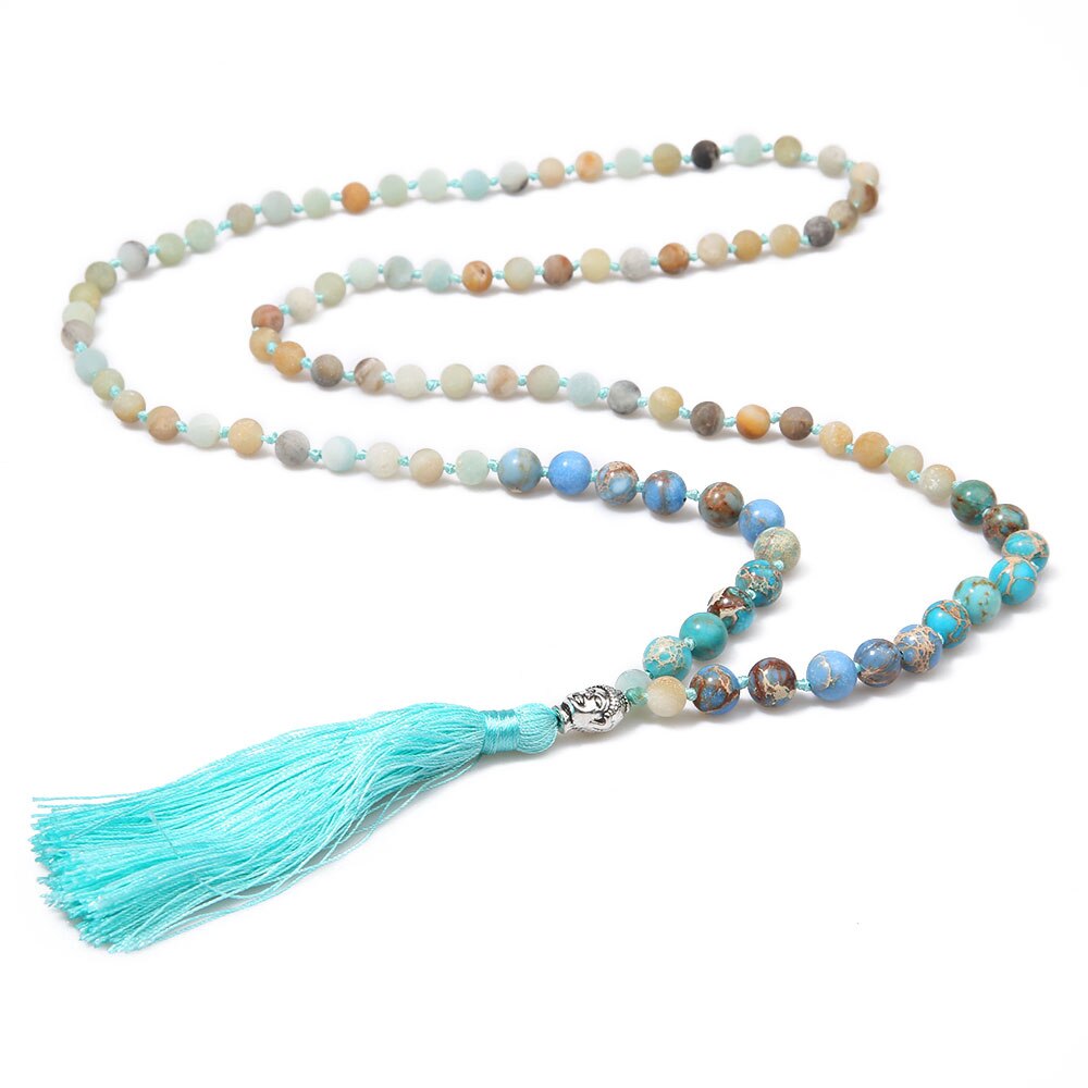 Frostet amazonit &amp; kejsersten 108 mala perler knyttet halskæde mænd kvinder yoga velsignelse smykker med buddha hoved og kvaster