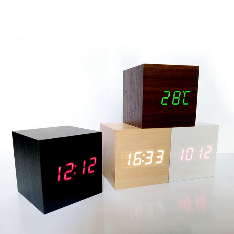 Multicolor Led Houten Wekker Horloge Tafel Voice Control Digitale Hout Elektronische Desktop Klok Usb/Aaa Aangedreven Klokken