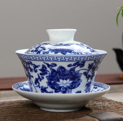 Large Blue and White Porcelain Gaiwan 250ml Ceramic Cover Bowl Jingdezhen Sancai Bowl Respect Tea Bowl Chinese Tea Set: 5