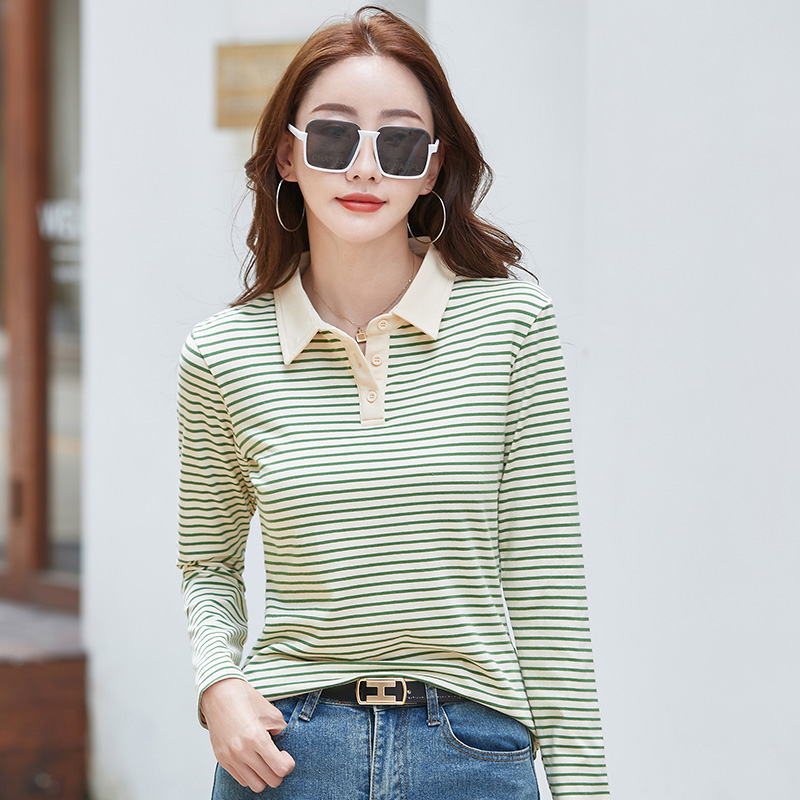 Spring Long Sleeve Striped Polo Shirt Women Cotton Stretch Summer Autumn Knitted Polo T-shirt For Women