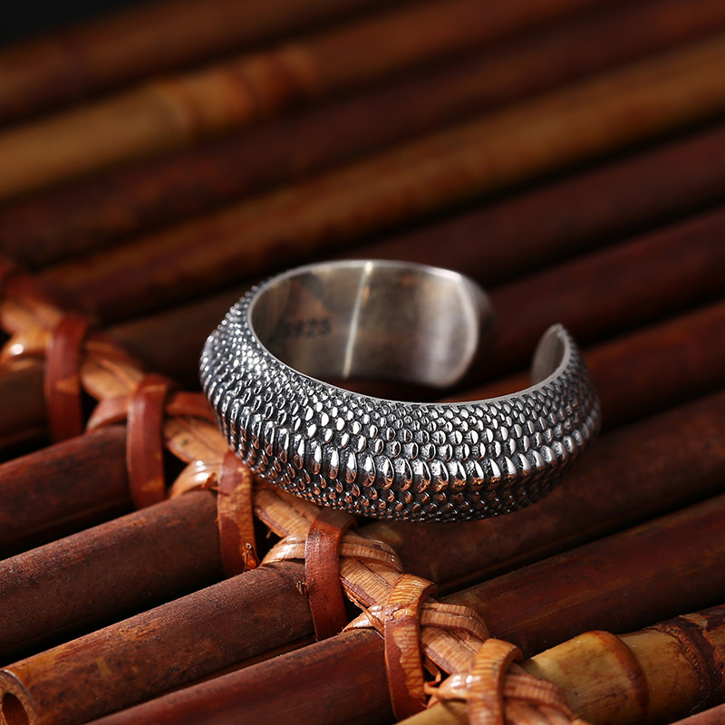 Personalità semplice anello in argento 925 accessori per dito indice maschile Retro Geometry Pattern anello in scala di drago per gioielli da uomo aperti