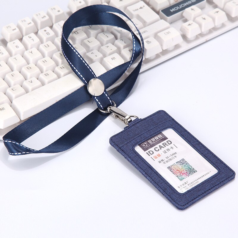 Work Badge Business Card Holder Men Women Worker with Rope Retractable PU Leather Employee Name ID Card Case Lanyard: deep blue